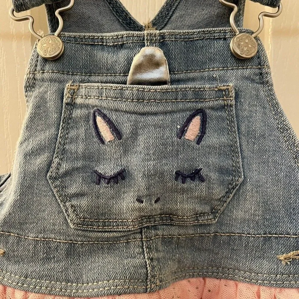 Oshkosh B'gosh Unicorn Overall Dress Pink Tulle Vestbak Denim Girls SZ 12 Months